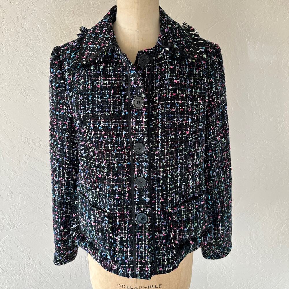 KORET | Womens Colorful Fringe Pocket Tweed Confetti Ribbon Blazer 10 Grannycore